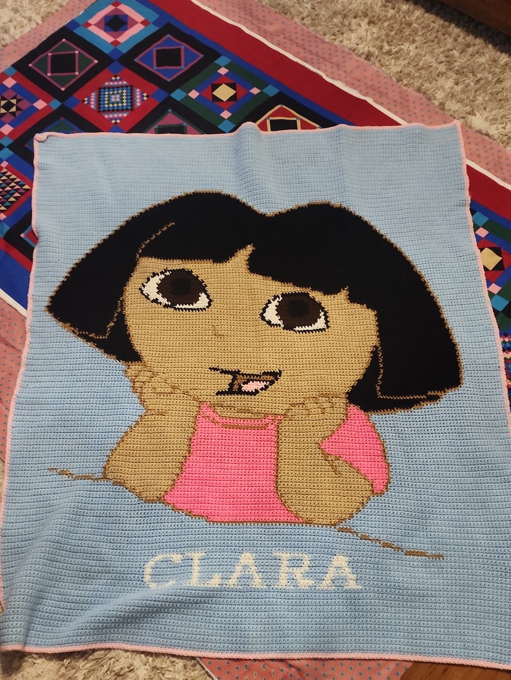 Vintage DORA THE EXPLORER HAND CROCHETED THROW BLANKET